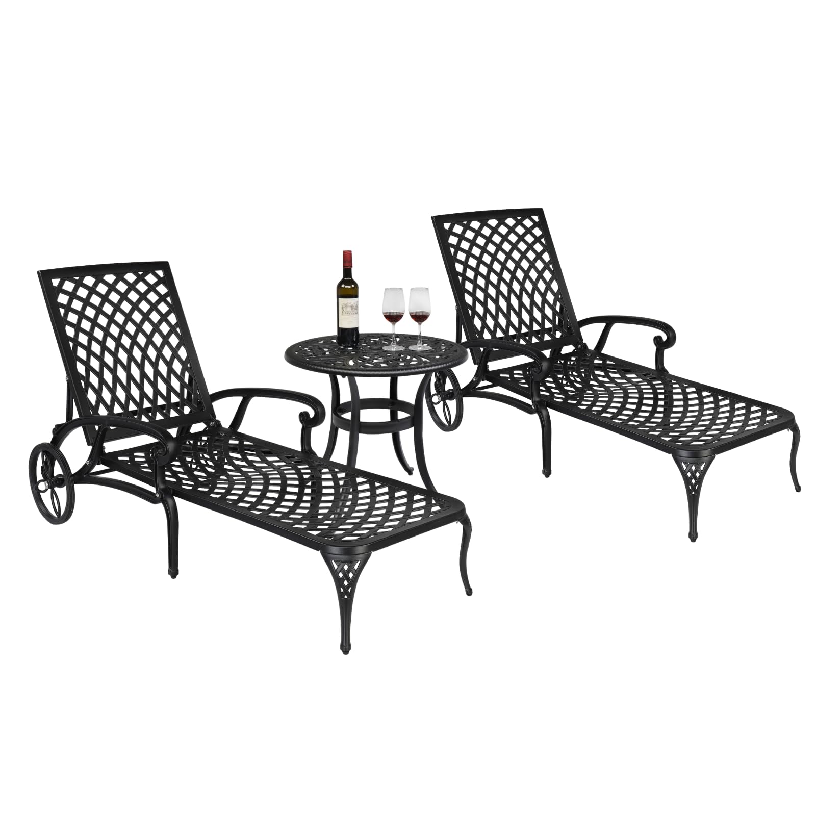 Outvita Outdoor Chaise Lounge Chairs Set of 2, Pool Cast Aluminum Recliner Table Set with 3-Position Adjustable Back, Armrest and Wheels for Backyard