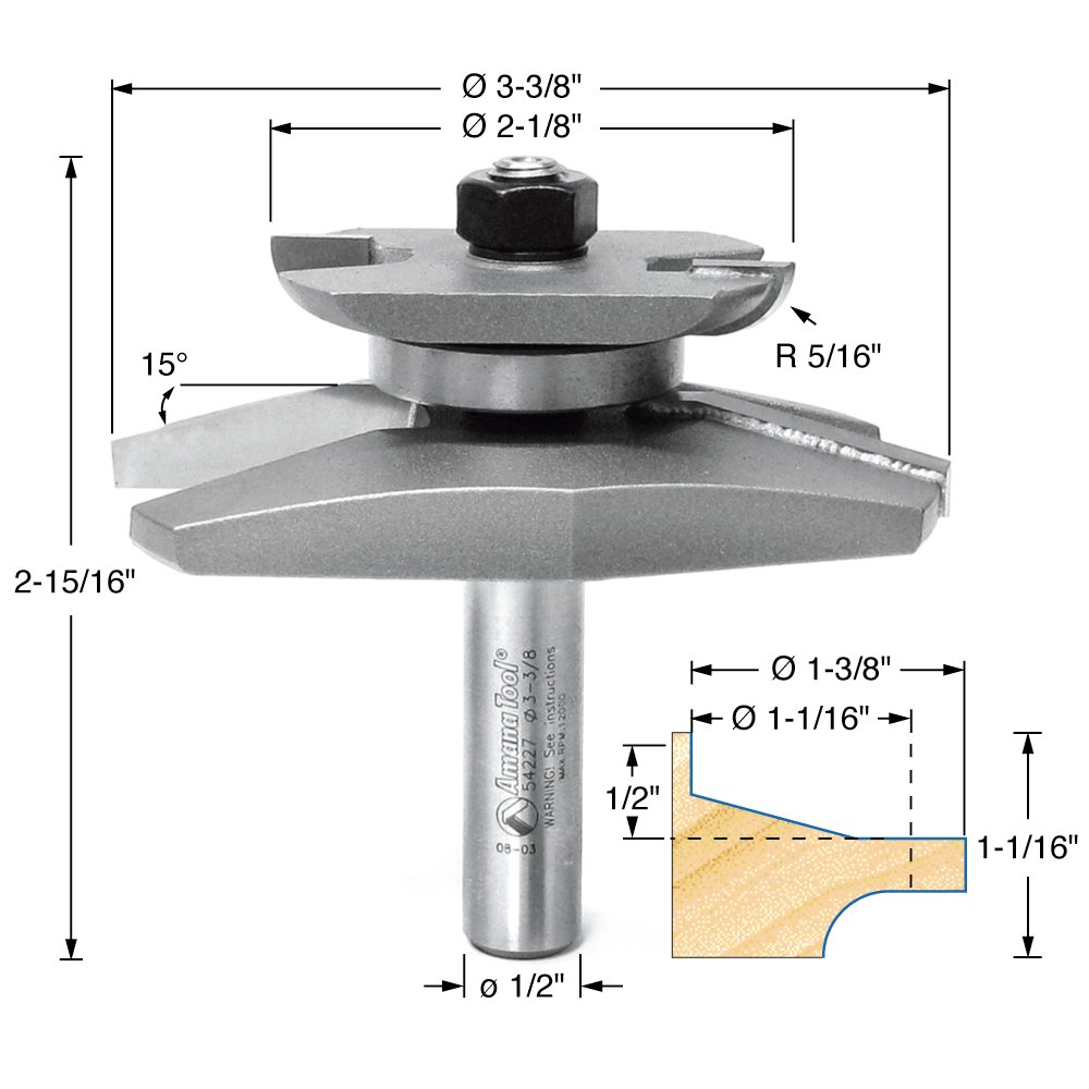 Amana Tool 54227 Fraise à défoncer traditionnelle à 2 cannelures pour panneau surélevé 9,5 cm de diamètre par tige de 1,27 cm avec fraise arrière