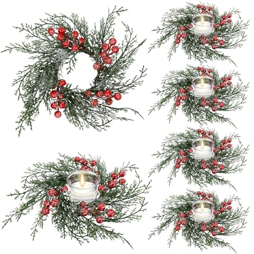 Serlvan 6 Pcs Christmas Candle Rings Wreath Artificial Candle Rings with Red Berry, Snowy Pine Garland Candle Ring Holder for Christmas Decorations Table Centerpiece