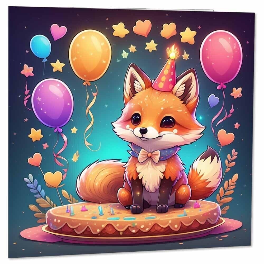 Biglietto D'Auguri Kawaii Con Volpe Viola Per Bambini - Formato 145x145 Mm - Cartoncino Premium FSC Con Busta - Idea Compleanno