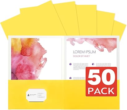 pmybupo 50Pcs Yellow with Pockets-2 Pocket Folders for Documents,Cute Paper Folders for Filing Cabinet,School,Office,Resume Portfolio