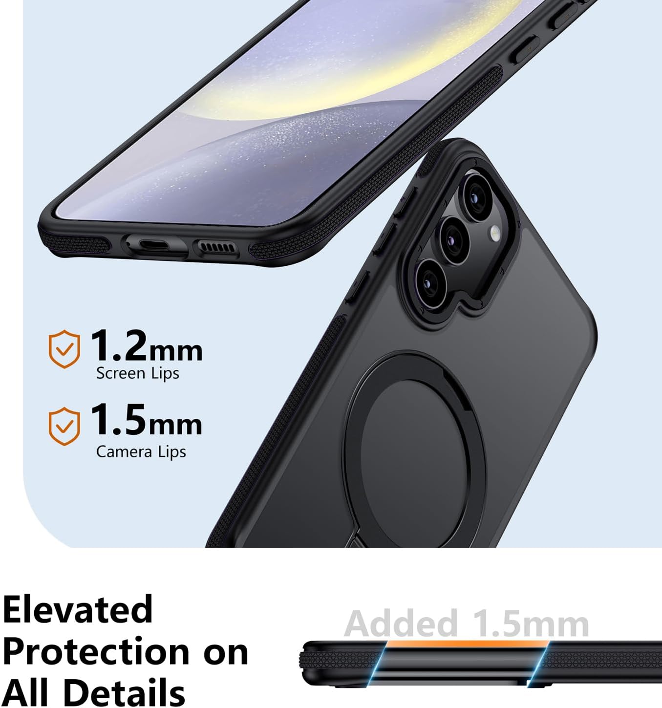 360°Spin Magnetic Stand with Silicone Strap for Samsung Galaxy S24 Plus Case[Fit for MagSafe], Mil-Grade Shockproof Translucent S24+Plus Phone Case with Kickstand&Ring Holder (Black)