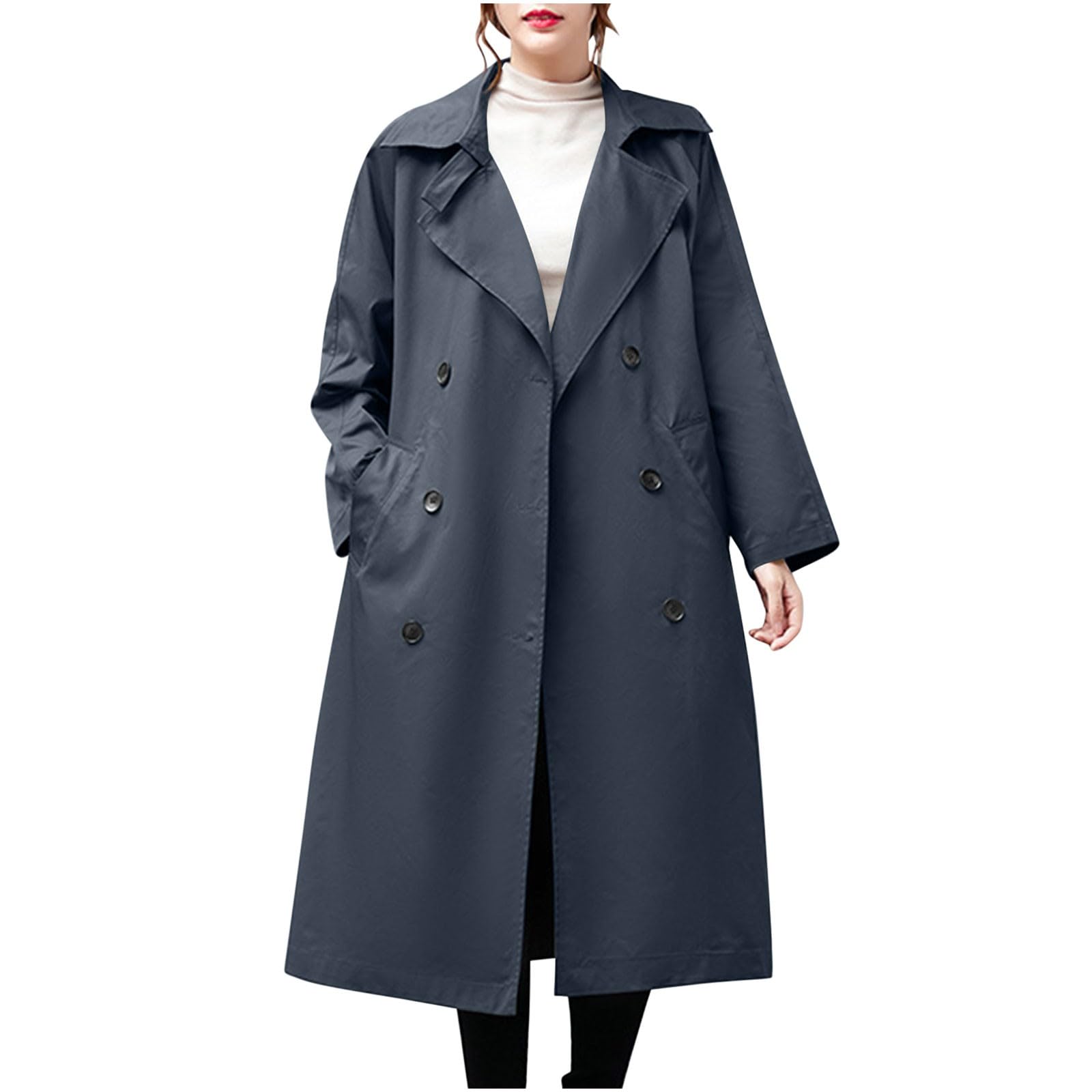 Womens Windproof Trench Coat Long Double Breasted Windbreaker Classic Belted Lapel Overcoat with Pockets