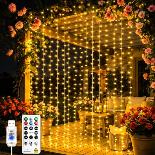 SINAMER Curtain Light for Bedroom, 200LED 6.6x6.6ft Warm White Window Wall Hanging Fairy Curtain...