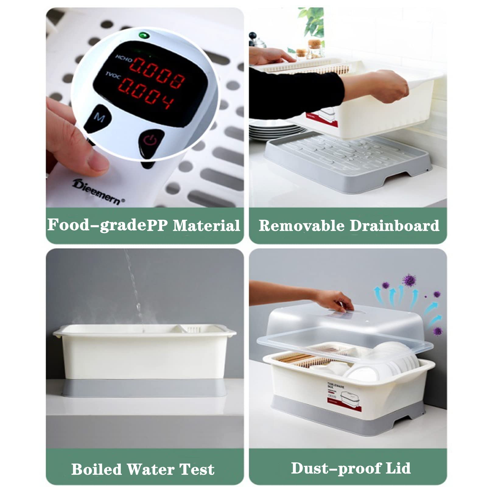 Lyellfe Escurridor de platos de plástico, soporte para secadora de botellas con tapa de cubierta y escurridor extraíble, utensilios blancos y portavasos para encimera de cocina, estante para secadora