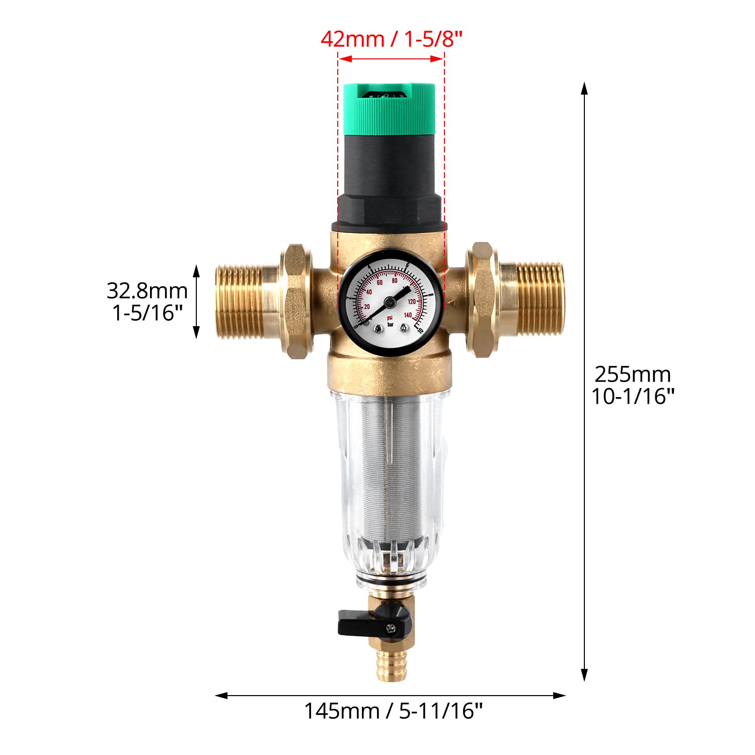 QWORK® Riduttore di Pressione Acqua 1 Pollice, Regolatore di Pressione Acqua con Manometro, Riduttore di Pressione in Ottone con Filtro a Setaccio Autopulente