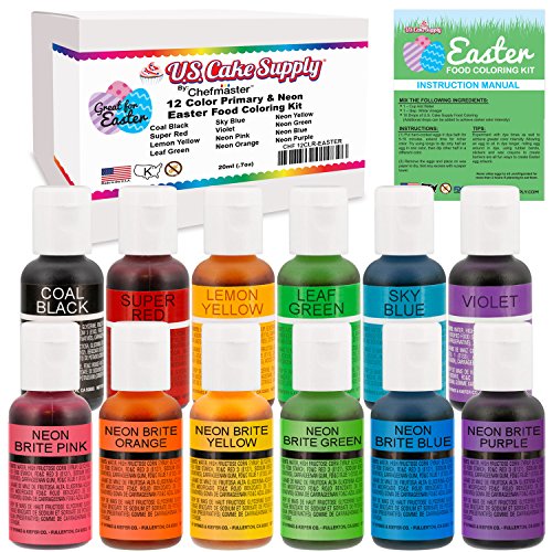 12 Color Cake Food Coloring Liqua-Gel Easter Egg Decorating Baking Set - U.S. Cake Supply .75 fl. Oz. (20ml) Bottles Primary & Neon Colors - Safely Made in the USA product