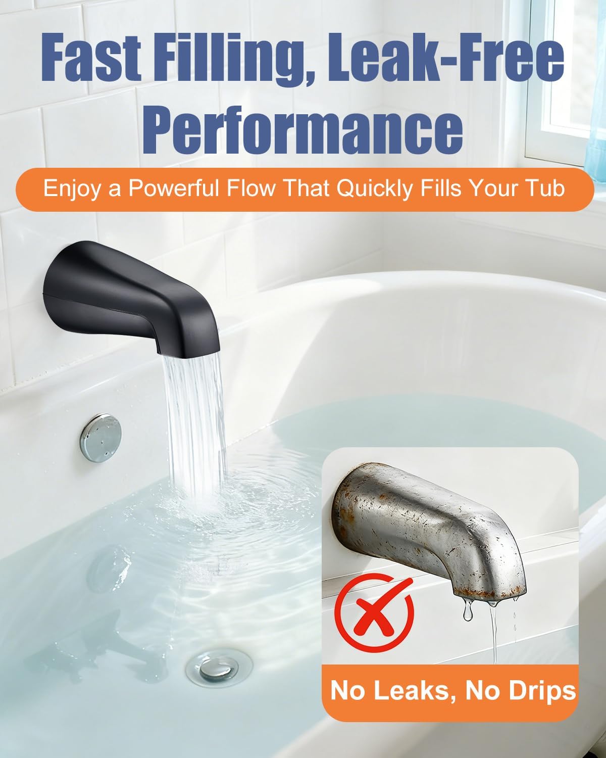 Universal Bathtub Faucet Replacement Tub Spout –– Fast-Fill, No-Leak Metal Faucet, Easy Installation, Fits 1/2" IPS & 3/4" IPS Thread Pipes, Includes Adapter (Matte Black)