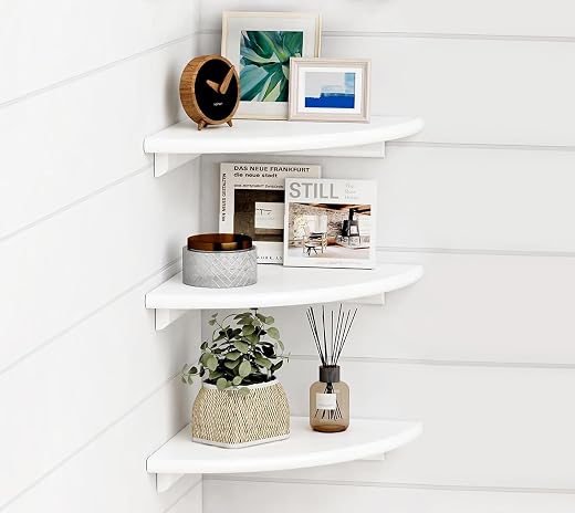 UHUD CRAFTS Corner Floating Shelves for Wall Decor Set of 3, Wall Mounted Rounded Corner Book Shelves for Kids Bedroom &amp; B...