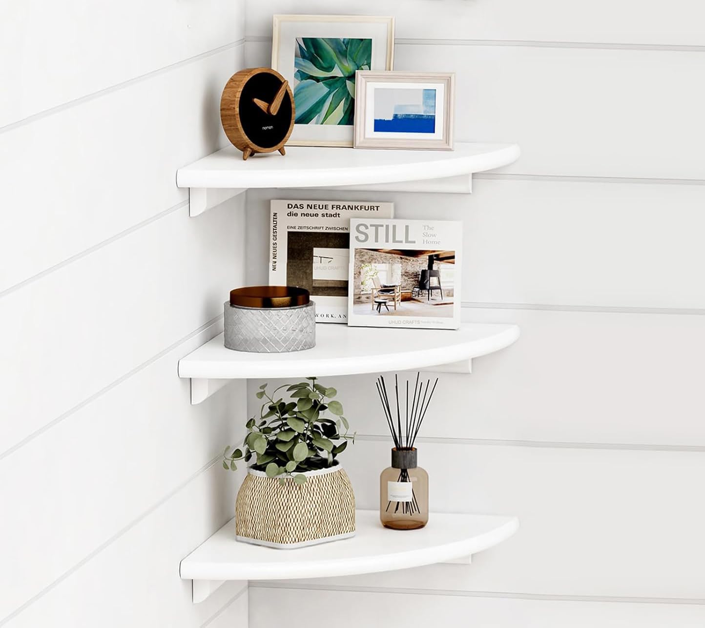 UHUD CRAFTS Corner Floating Shelves for Wall Decor Set of 3, Wall Mounted Rounded Corner Book Shelves for Kids Bedroom & Books, Decorative Storage Shelf for Bathroom & Living Room Decor - White-image-46