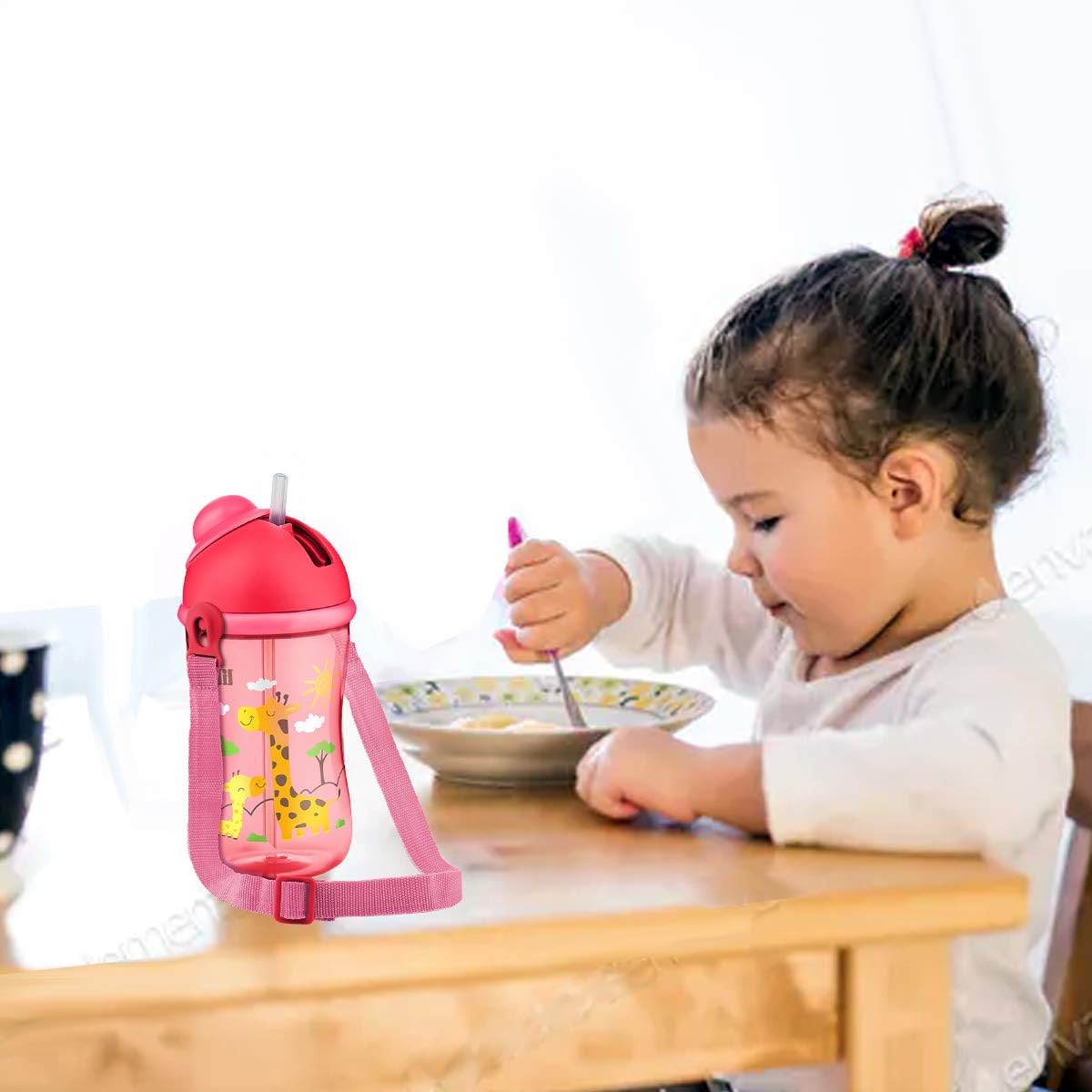 Lillo Copo Cantil Decorado Com Canudo Silicone - Rosa 390 Ml