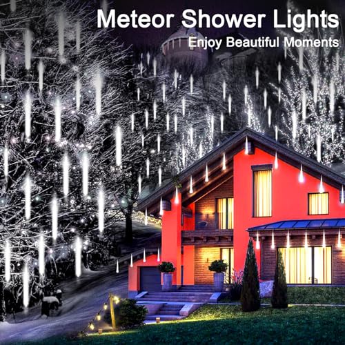 LED Solar String Lights,240 LEDs Snow Falling Romantic Meteor Shower Lights, 10 Tubes 30CM Waterproof Garden Outdoor Christmas Falling Rain Lights for Weddings Party Xmas Tree Decoration (White) - Image 2