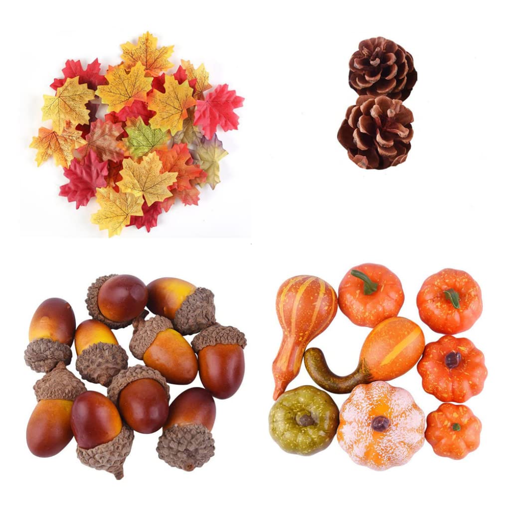 Monwssoe Halloween Decor, Halloween Artificial Pumpkins Decoration Set 50PCS/Set Mini Pumpkins Pine Cones Maple Leaves Acorns Assorted for Fall Thanksgiving Home Table Decor