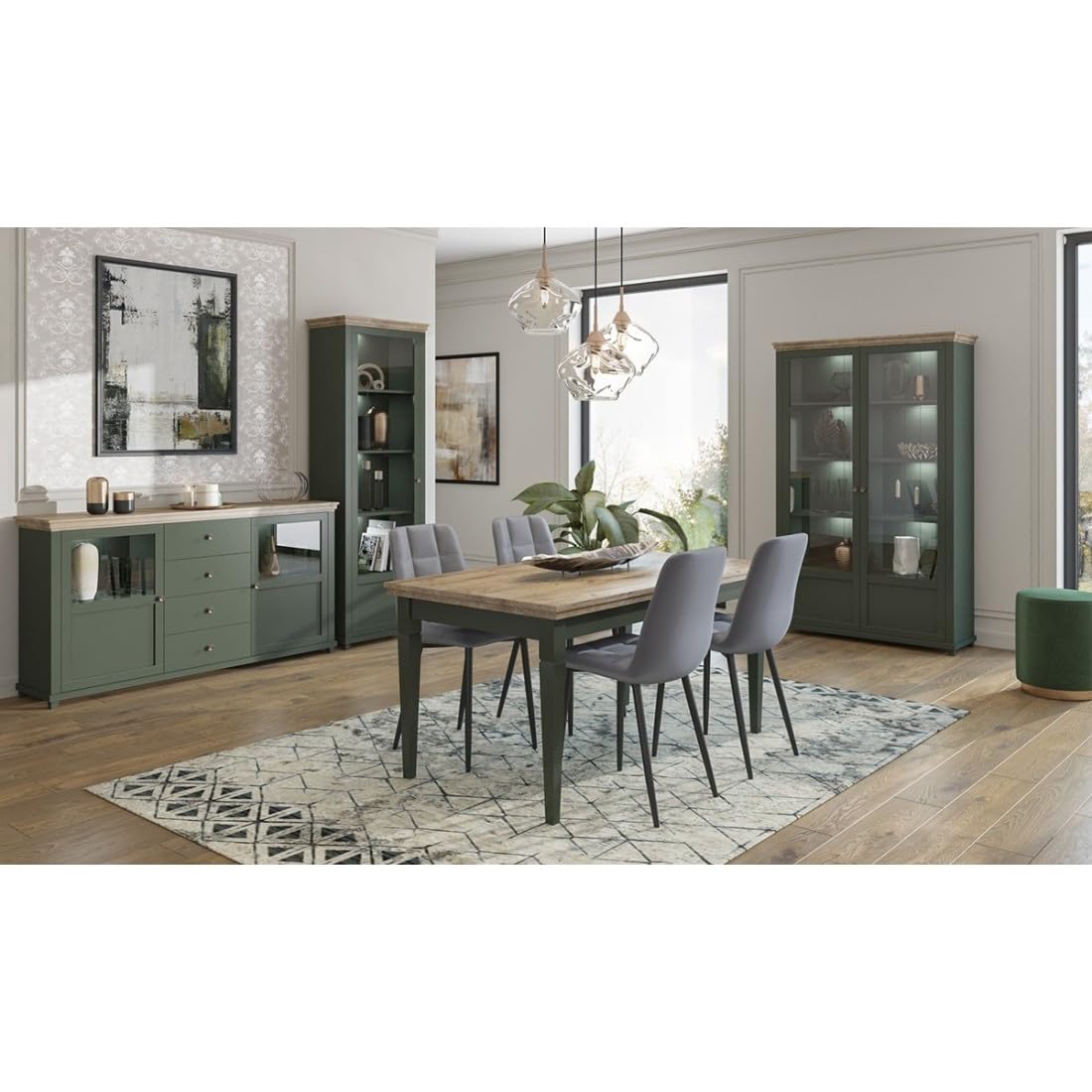 Meublorama Juego de 4 Muebles para Comedor en Color Verde y Roble. Colección ASSIA