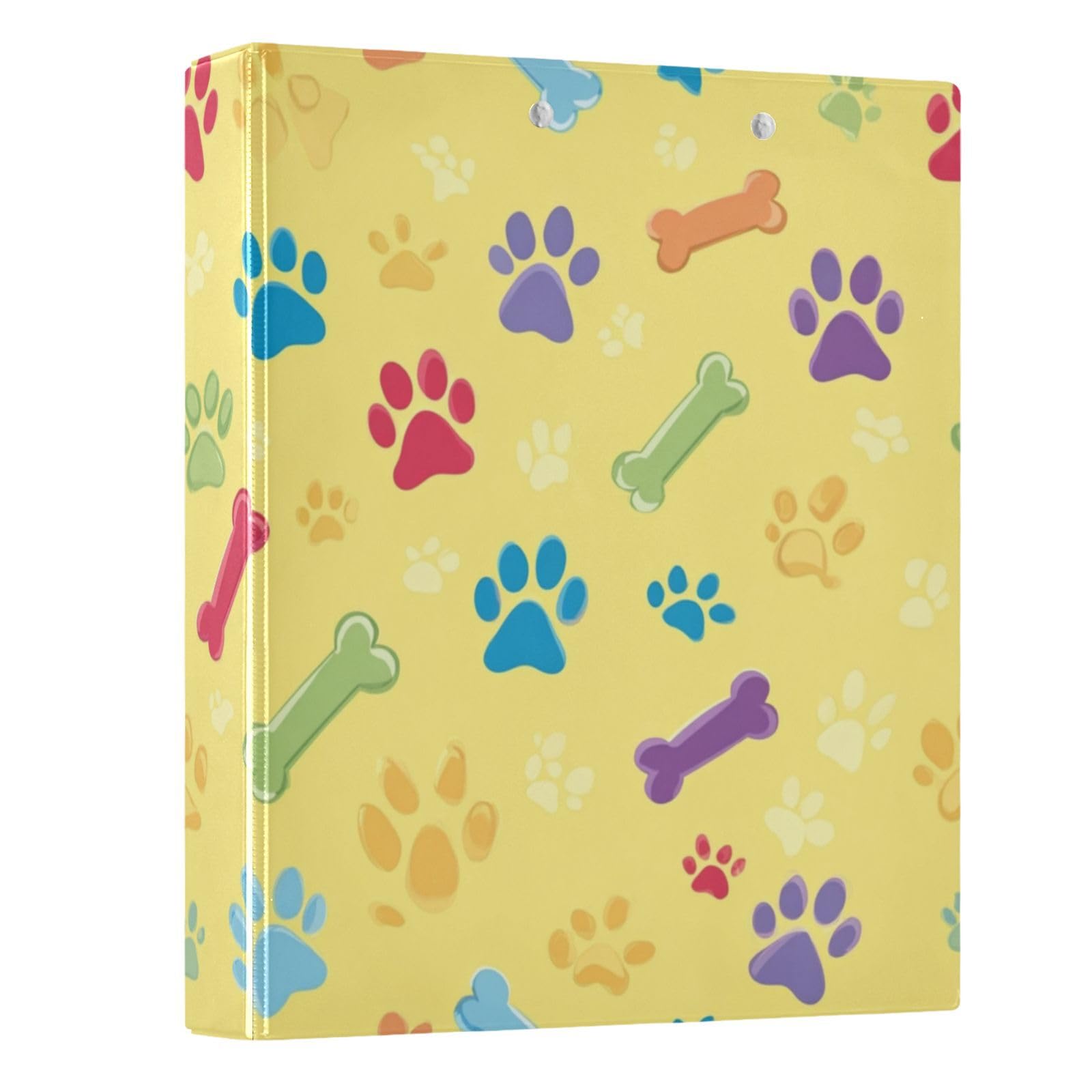 Kcldeci Raccoglitore a 3 anelli con copertina rigida, osso di zampa di cane, giallo, 3,8 cm, anelli rotondi con tasche interne, per scuola, ufficio, ricette, raccoglitori, confezione da 2