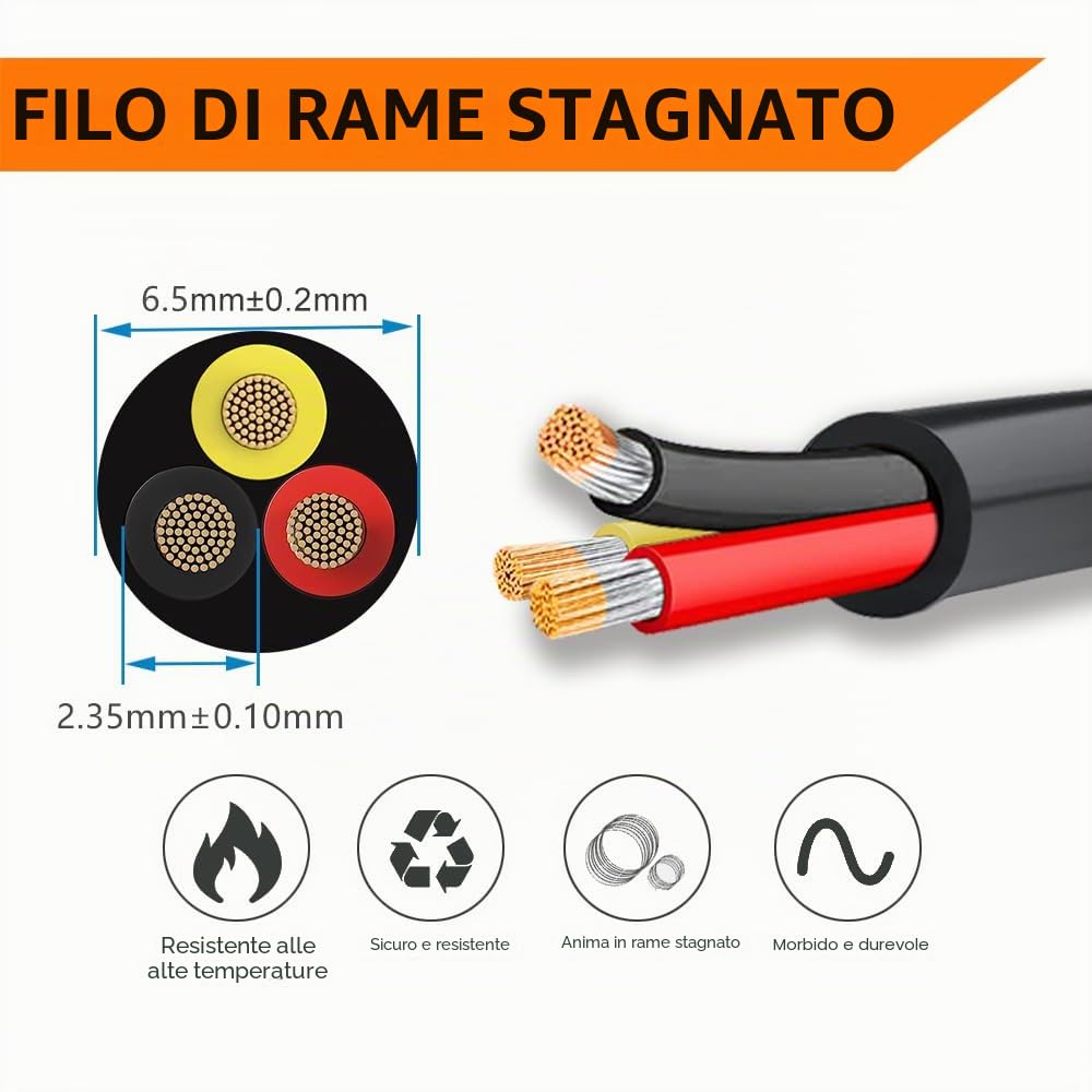 Cavo Elettrico a 3 Conduttori Calibro 16 3x1,3mm², 30,48M Cavo Nero a Bassa Tensione 16/3 Custodia in PVC, Prolunga Flessibile per Lampada a LED