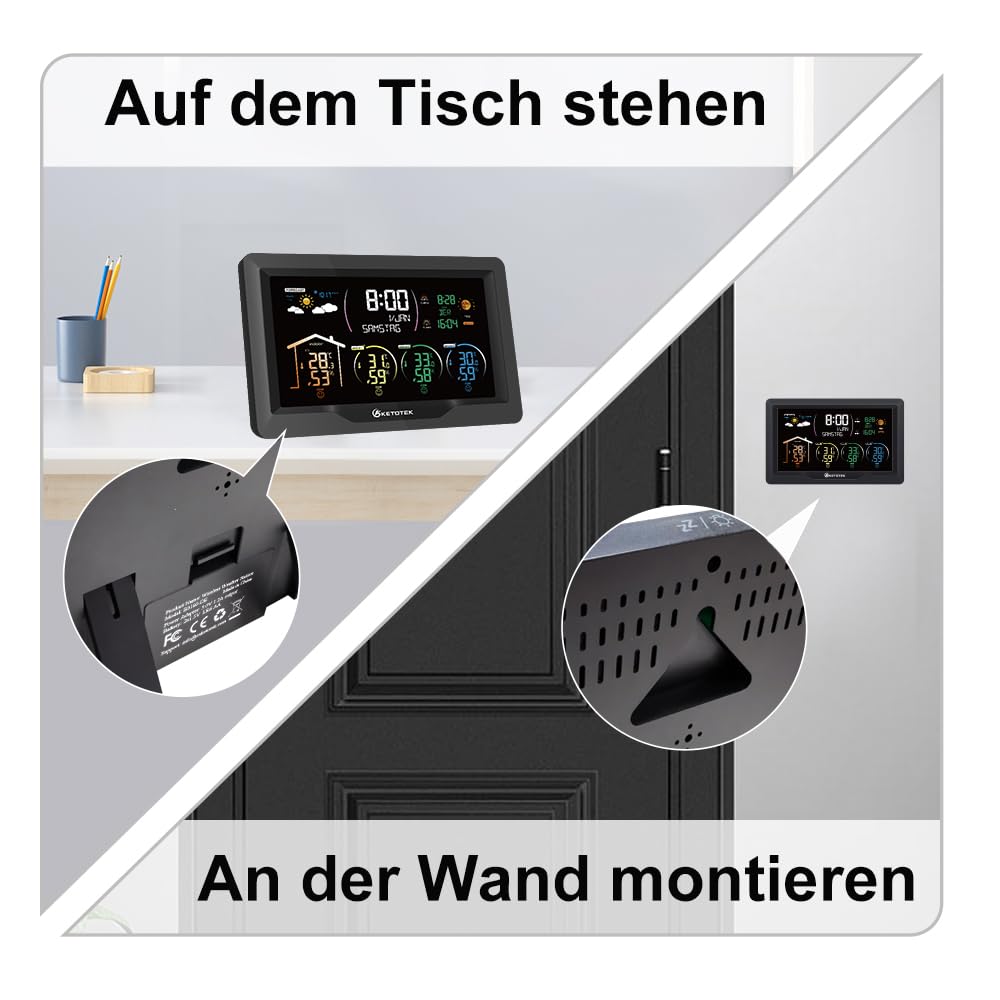 KETOTEK Funk Wetterstation mit 3 Außensensoren mit Wettervorhersage | Indoor Outdoor Digital Thermometer Hygrometer Barometer DCF Funkuhr Mondphase,Sonnenaufgang uSonnenuntergang Zeit