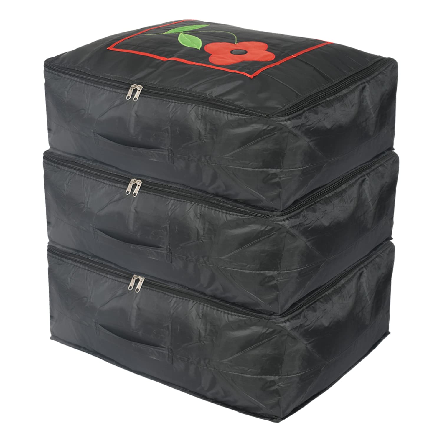 Kuber Industries 3 Pcs Parachute Embroidery Saree Cover/Bag for Storage | Saree Organiser | Wardrobe Organizer for Storage | Flower Design - Black