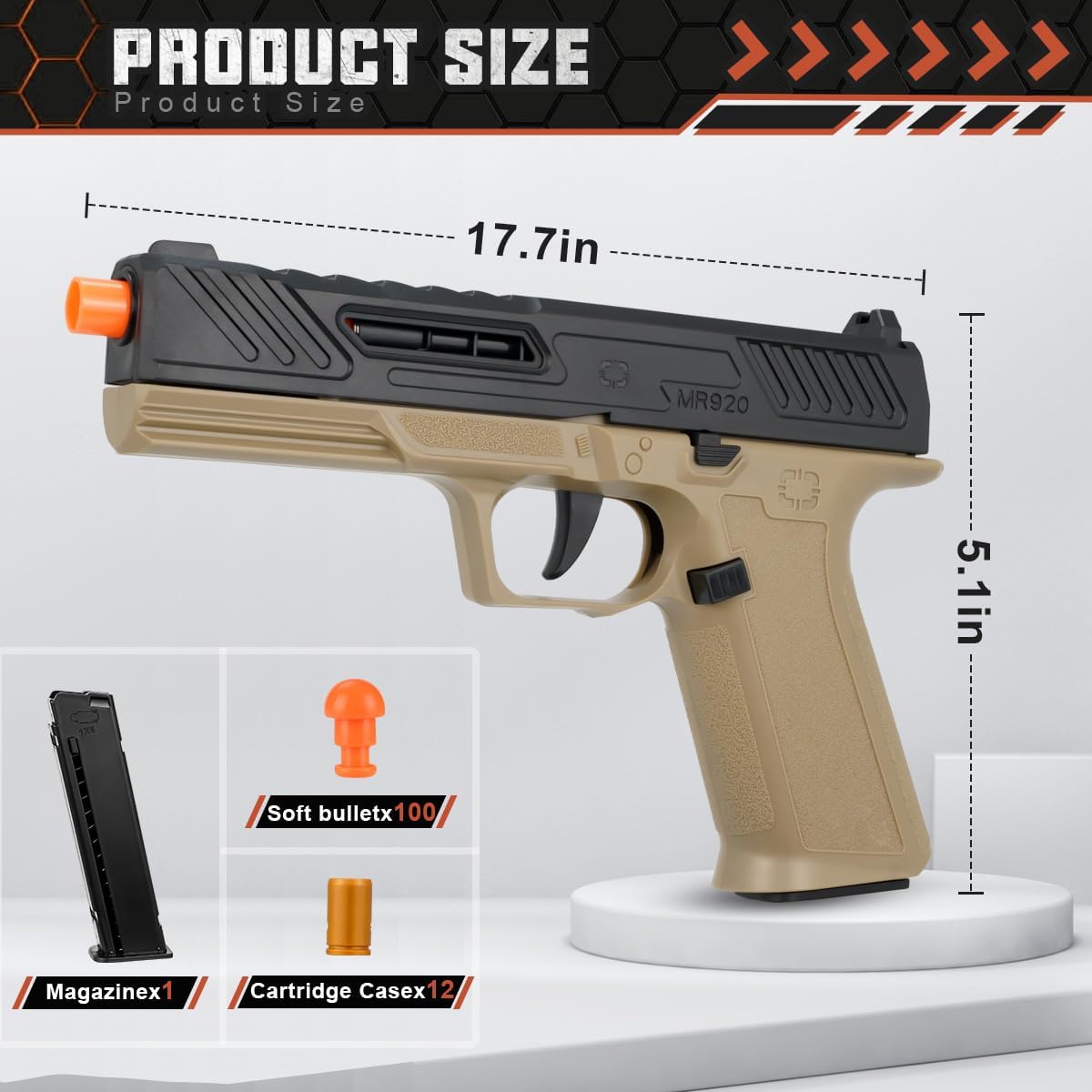 Shell Ejecting Soft Bullet Toy Pistol, 32FT Range for Boys Age 8+ (Sand) image 2