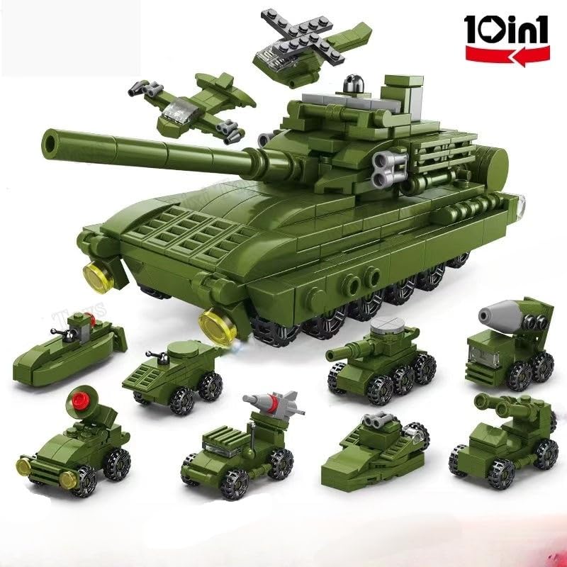 Image of Building Blocks Bricks Set, Build, Learn and Play, Construction, Educational Interactive Creative DIY Toy, Compatible with All Major Brands (10 in 1, World War Artillery Battle Tank, 315 Pcs)