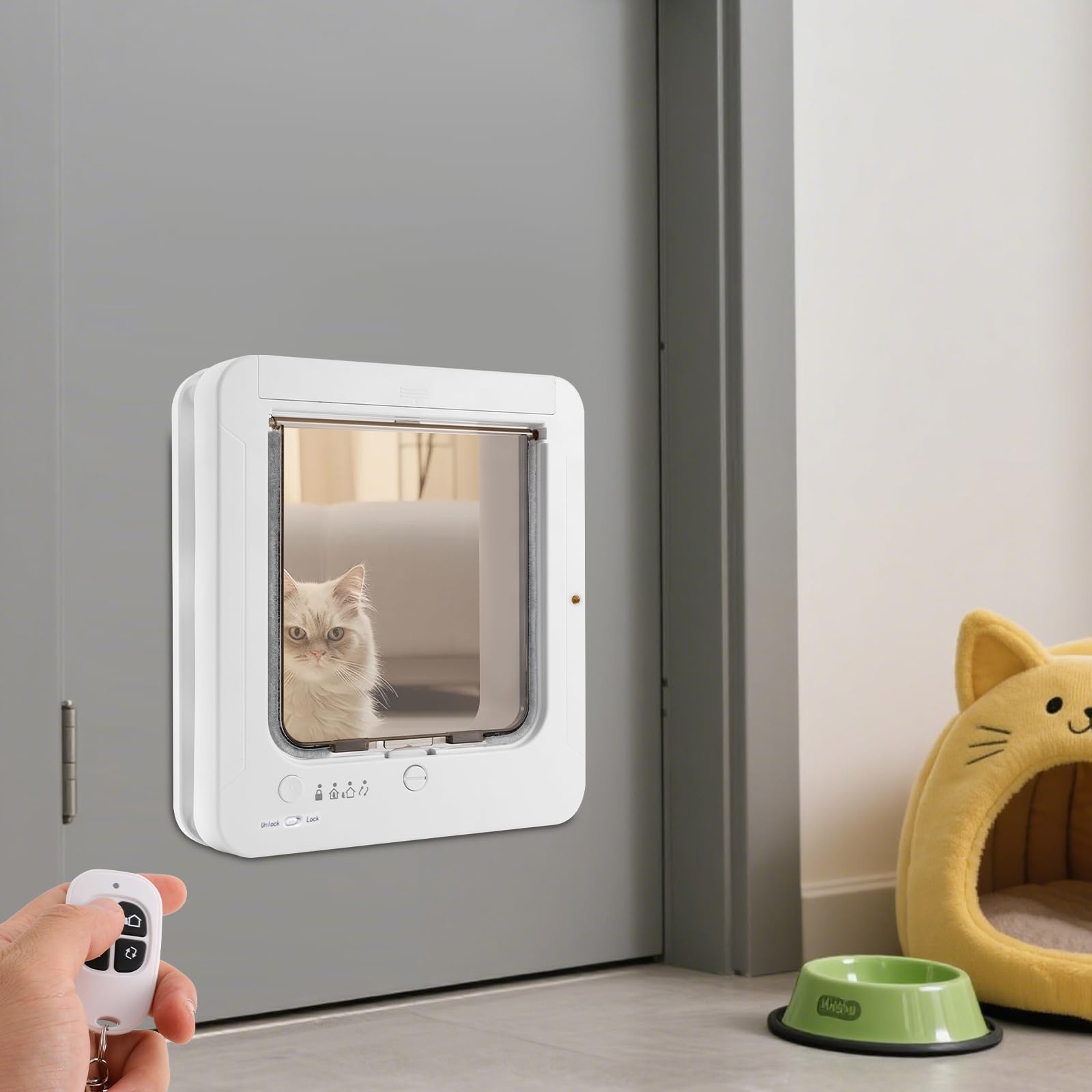 Große Katzenklappe mit RFID-Halsbanderkennung, Sicherheits-Haustiertür mit 4-Wege-Schloss, Fernbedienung Katzentür für Innen Außentür, Wand, Fenster (19 x 20,5 cm)