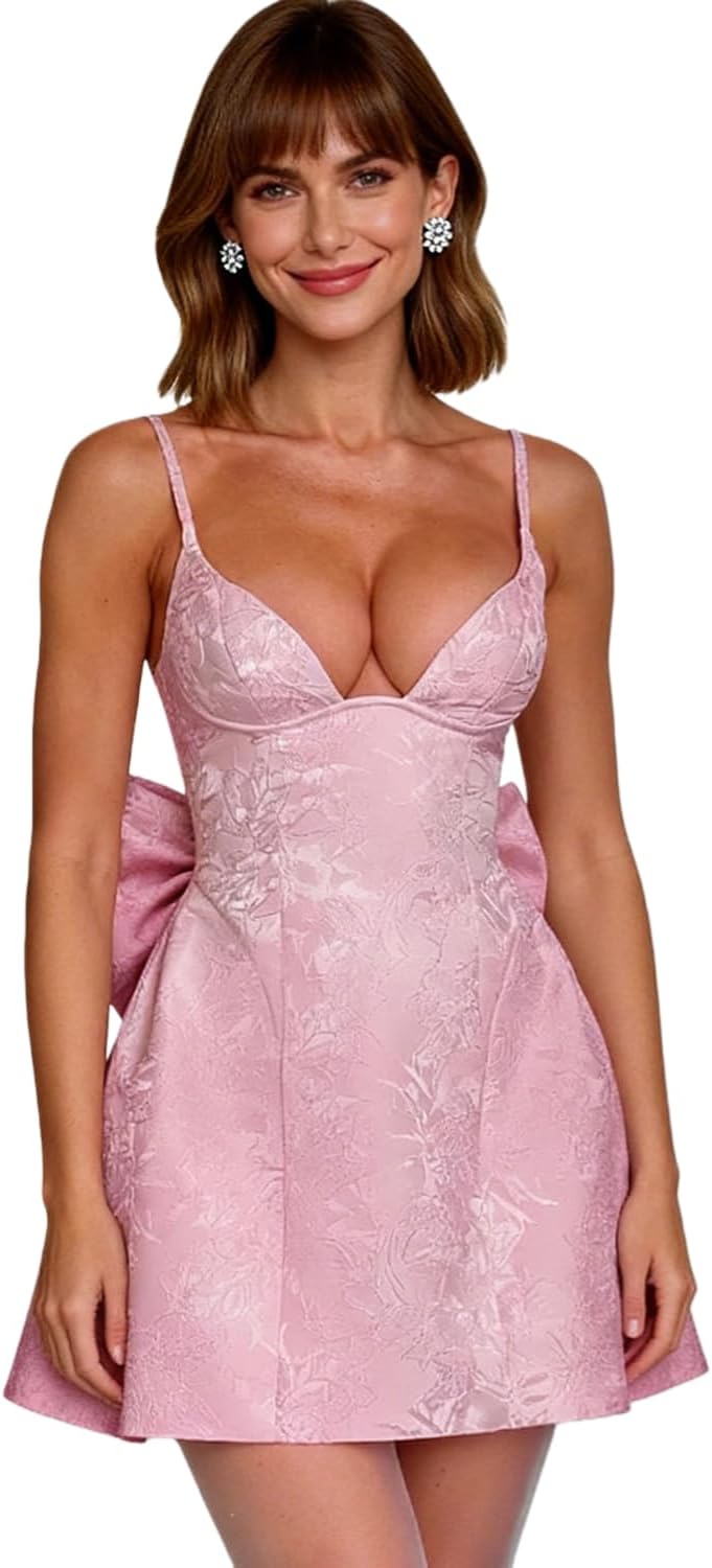 JUMISEE Women’s Sexy Low Cut Jacquard Satin Mini Dress with Bow Elegant Spaghetti Strap Homecoming Dress Prom Dresses - Image 5