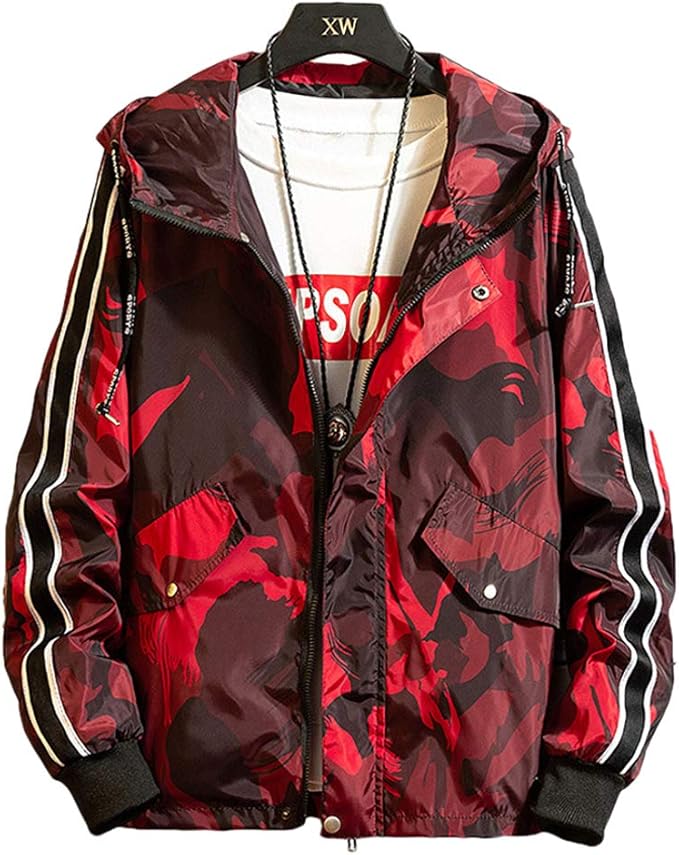 Amazon カモフラ柄 ウィンドブレーカー メンズ ジップパーカー フード付き 迷彩 服 軽量 防風 撥水 マウンテンジャケット アウトドア レッド 6xl コート ジャケット 通販