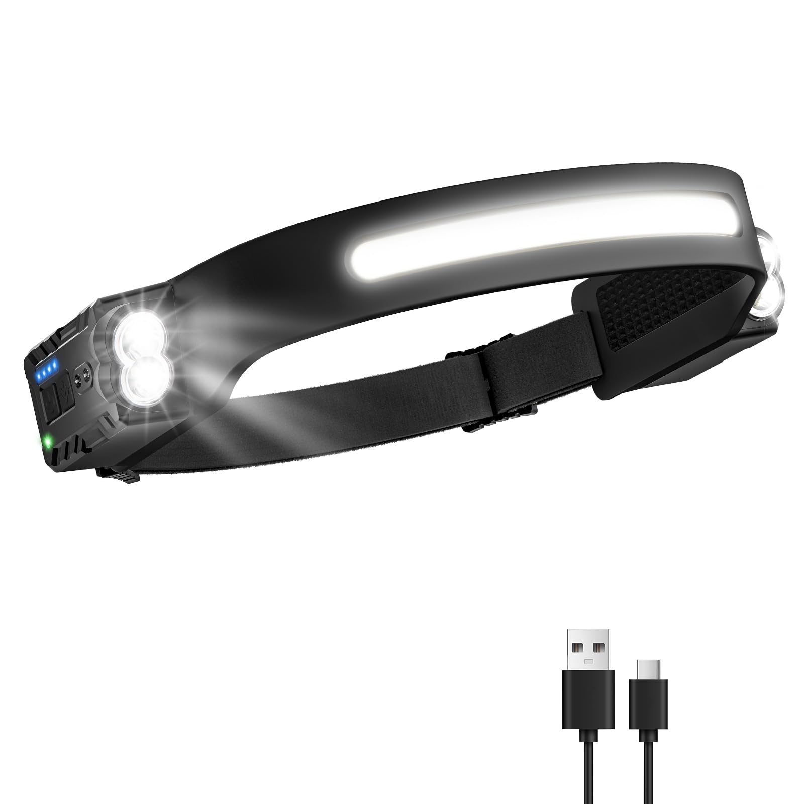 Oderra Torcia Frontale LED Ricaricabile, Lampada Frontale 400 Lumen, 8 Modalità Luce, Sensore di Movimento, Impermeabile IPX4, per Campeggio, Trekking, Emergenza, Lavoro
