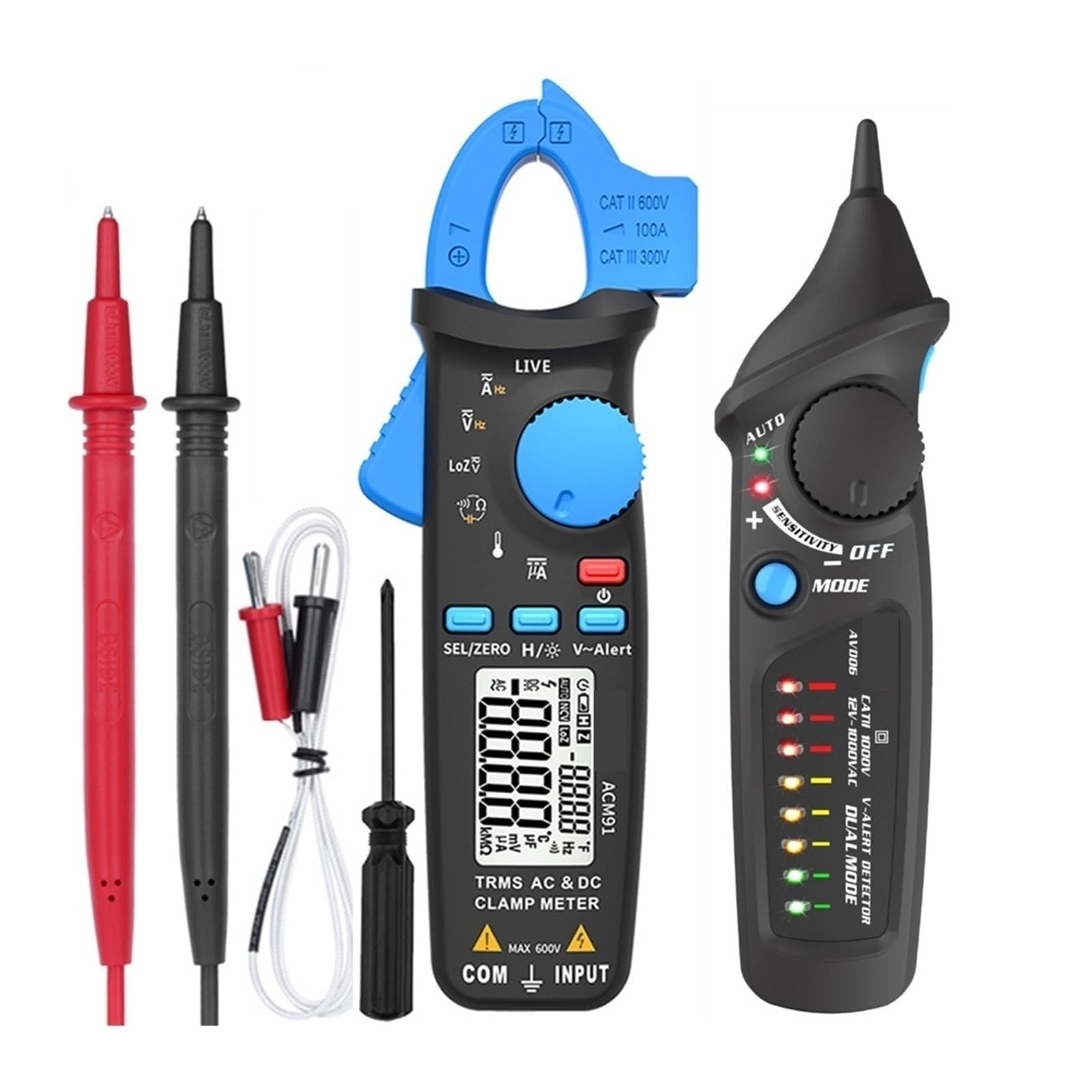 Pinza amperimétrica digital, Medidor De Pinza Digital ACM91 Corriente CA/CC 1mA Valores Eficaces Verdaderos Rango Automático Control En Vivo NCV Temp Condensador Frecuencia Multímetro(ACM91(Blue))