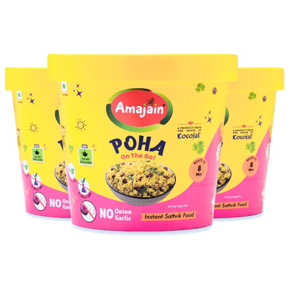 Amajain Instant Sattvik Healthy Poha, Ready-to-Eat, No Added Preservatives, No Added Flavours, Jain-Friendly, 70g (Pack of 3)