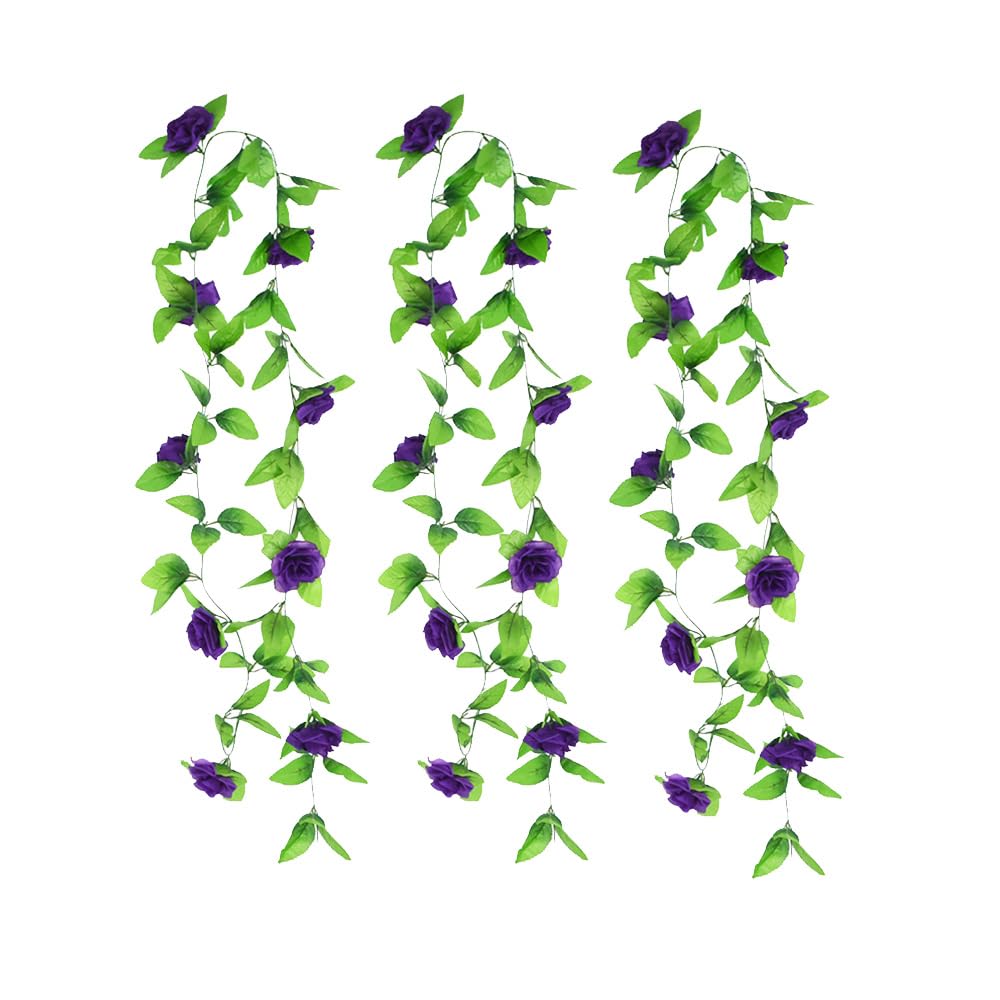 SKYPRO 3PCS Rose Vine Greenery Leaves Garland Artificial Flowers Plants for Hotel Wedding Home Party Garden Craft Art Decor (Purple) โ image 1