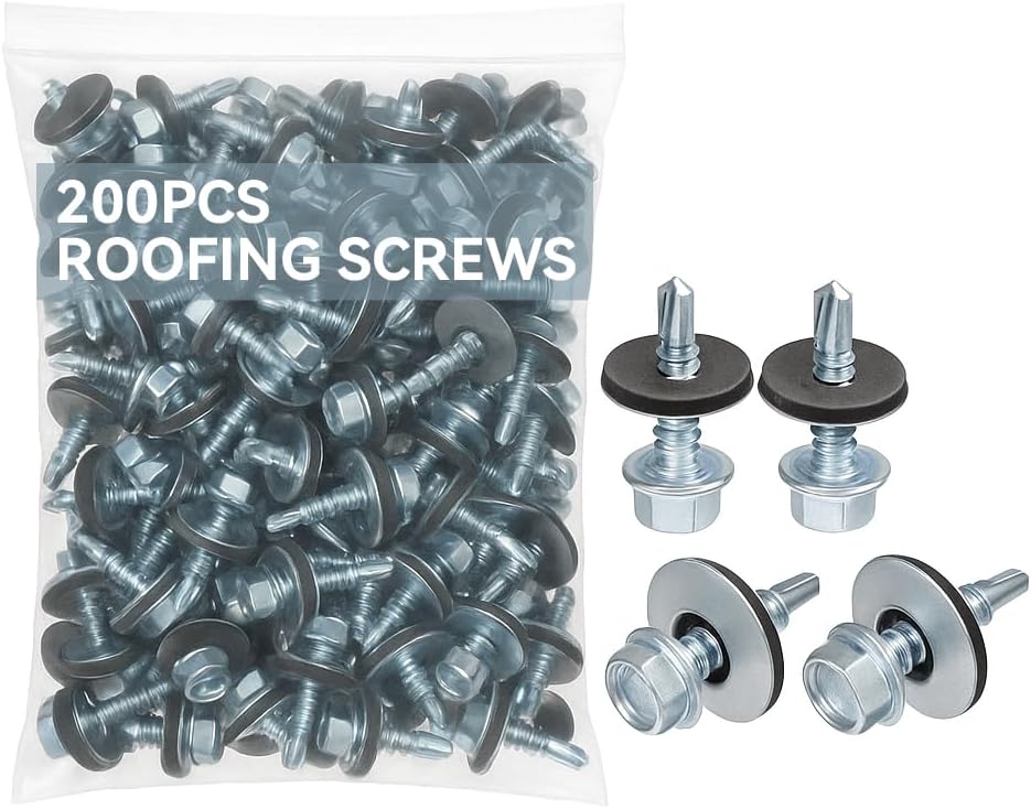 Dura-SSL Generic Zinc Plated Steel Roofng Screws(#12x1), 200 Pack, Hex Head Self Tapping Screws with EPDM Washer for Metal to Metal, Sheet Metal Roof Screw