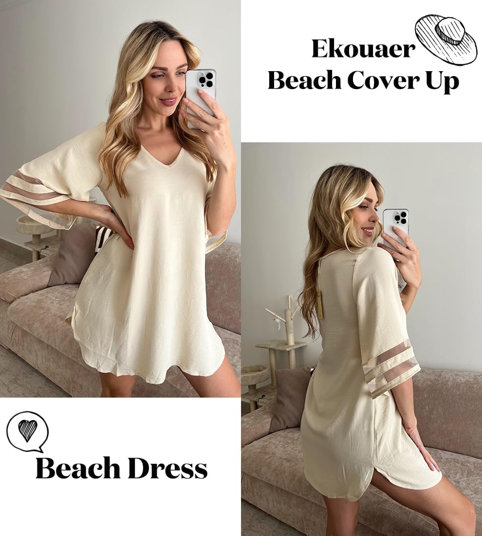 Ekouaer Women's Swimsuit Cover Up 3/4 Bell Sleeve Beachwear Coverups Deep V-Neck Bikini Beach Dress S-3XL - Image 2