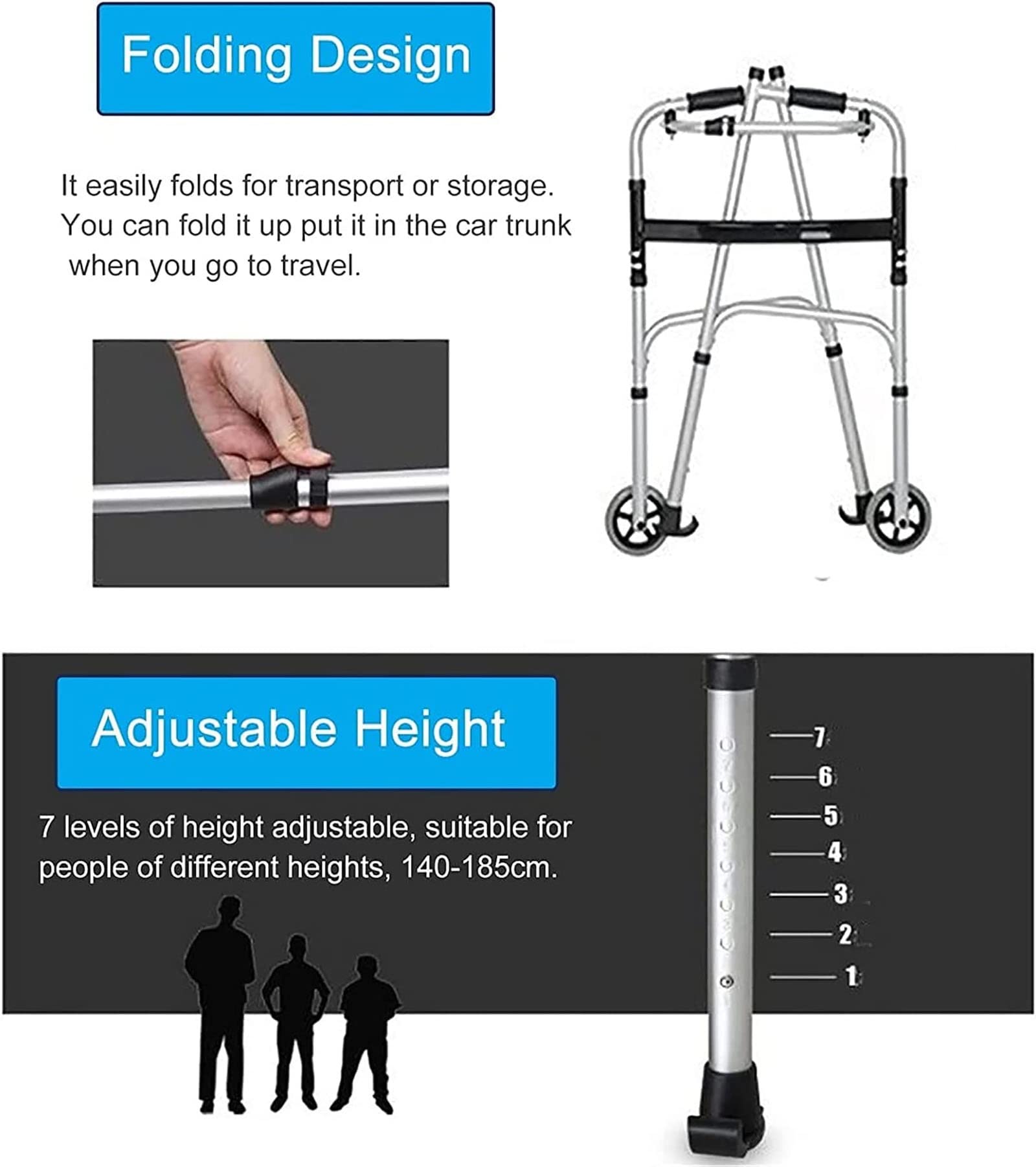 CEEBUS Deambulatore Rollator Deambulatori Verticali per Anziani con Sedile E Supporto Ascellare, Deambulatore Portatile Pieghevole/Ausilio per La Deambulazione per Persone Grandi O Disabili