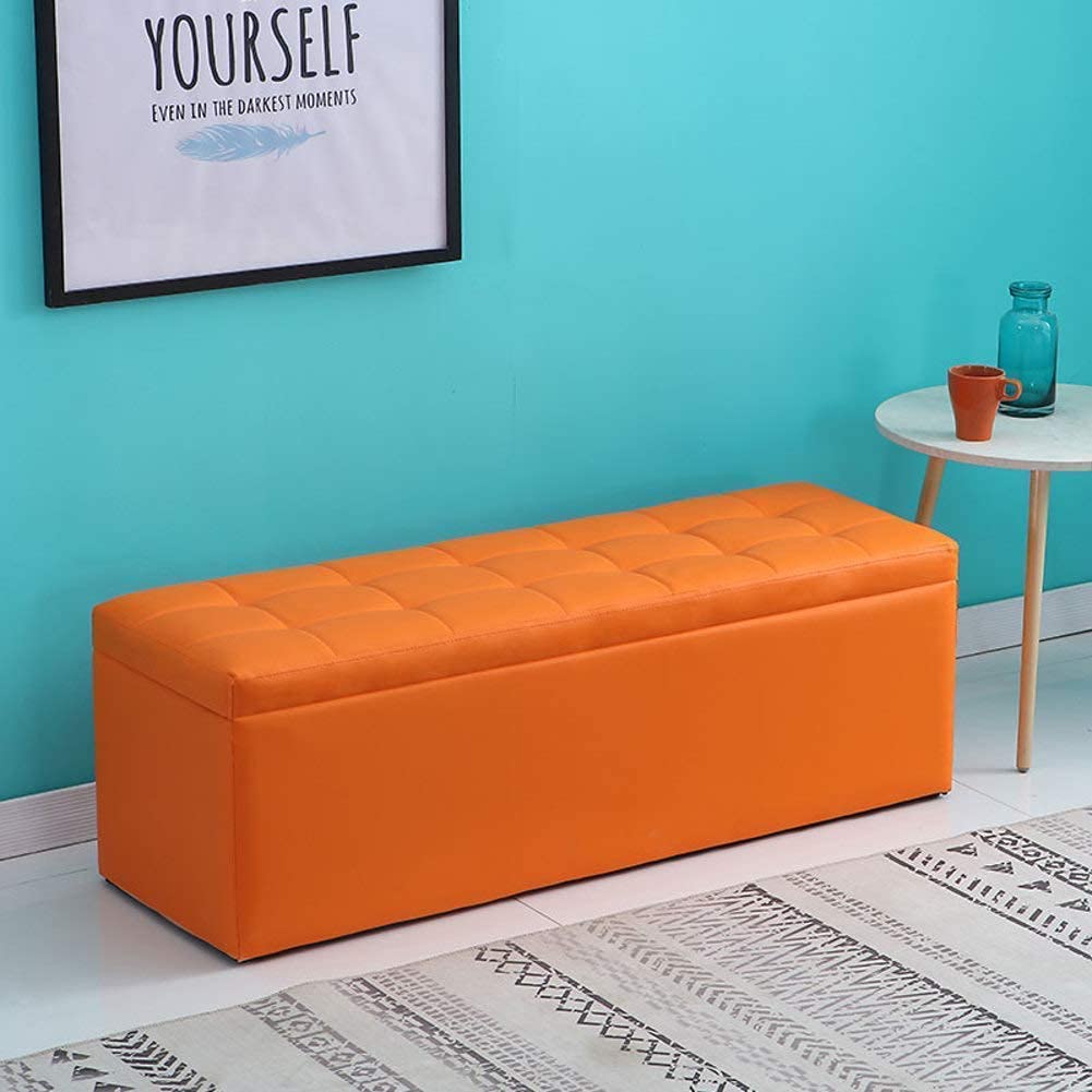 Banc salon canapé en cuir orange et coffre de rangement 100cm