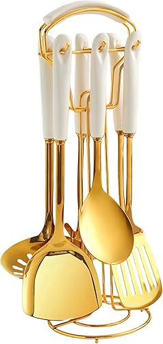Novellus Juego de utensilios de cocina de acero inoxidable dorado con soporte, 7 accesorios de cocina para cocinar, incluye cucharón de sopa,