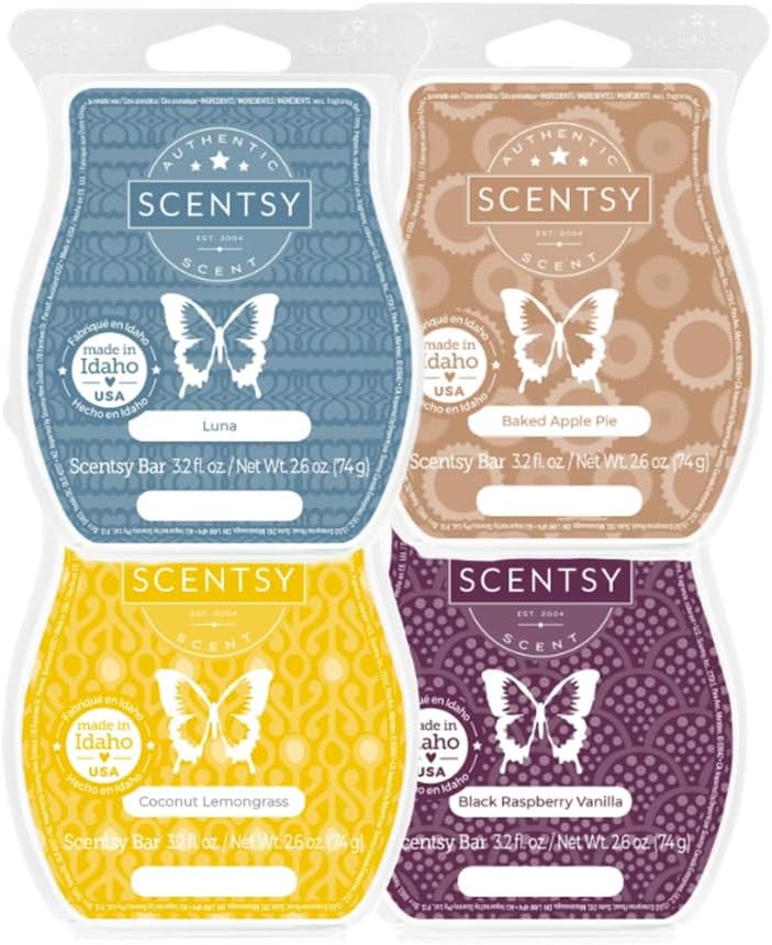 Scent Bar 4-Pack (Black Raspberry Vanilla, Baked Apple Pie, Luna, Coconut Lemongrass), Wickless Candle Tart Warmer Wax 3.2 Oz Bar x 4