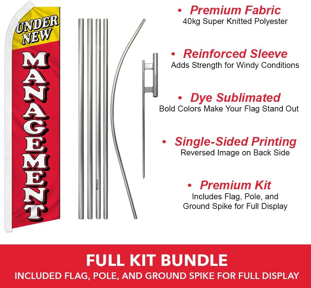 New Management Swooper Advertising Flag & Pole Kit - Perfect for Store Fronts, Businesses, Retailers, Shops, Events, Restaurants