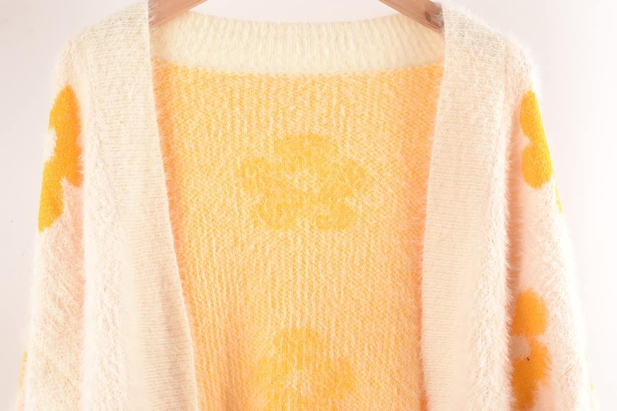 chouyatou Women's Fuzzy Daisy Printed Cropped Cardigan Open Front Jacquard Knit Sweater Tops - Image 5