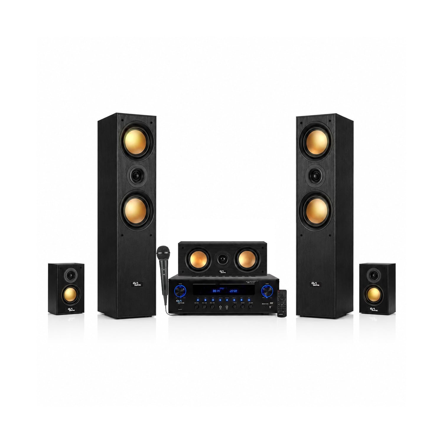 Evidence Acoustics Pack Home Cinéma 5.1 850W - Amplificateur Karaoke 2x50W + 3x20W - Entrée USB SD AUX DVD FM, Micro Filaire
