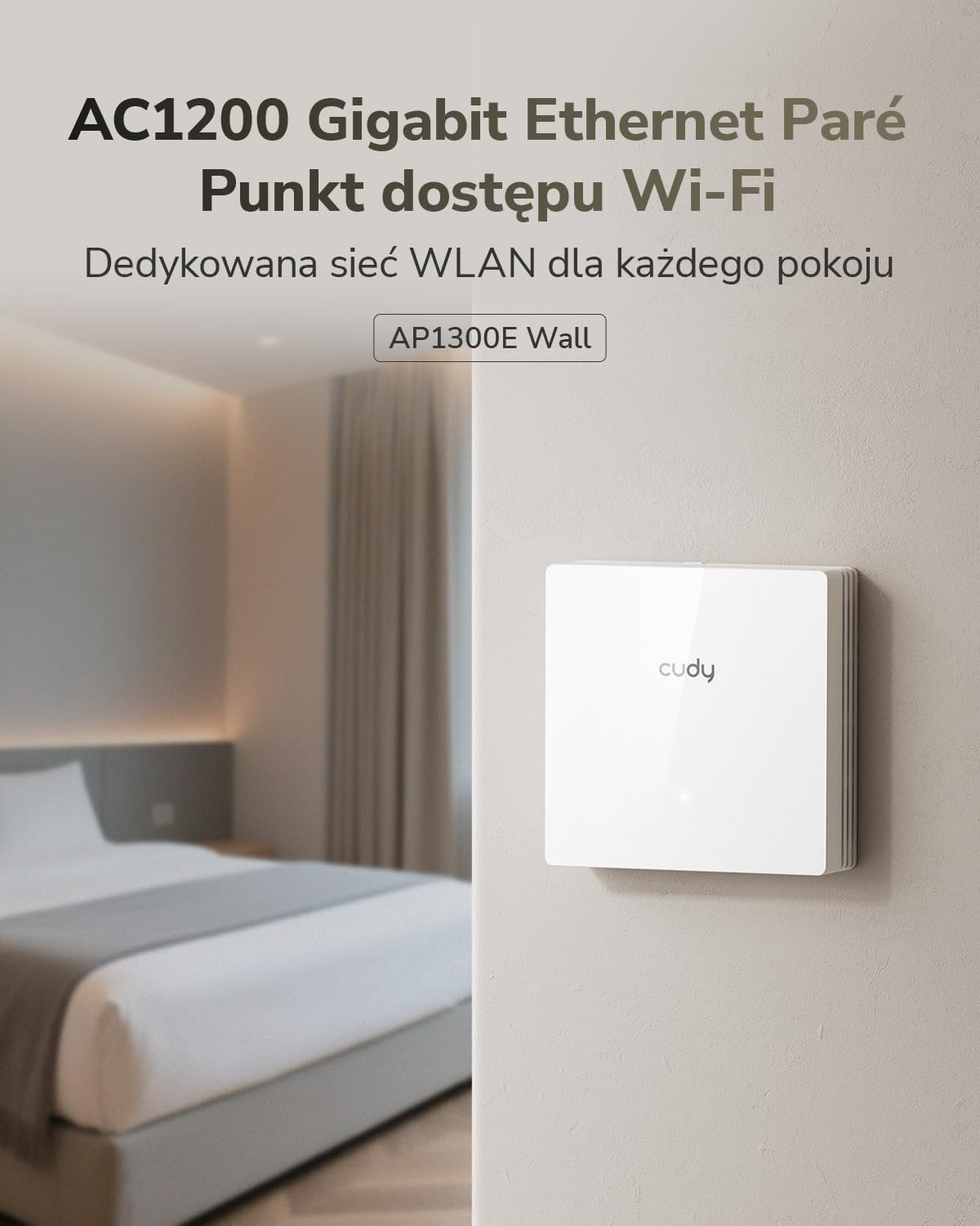 Cudy AC1200 Dwupasmowy Gigabitowy Punkt Dostępowy w Formie Gniazdka Ściennego, konstrukcja 86 mm, port Gigabit RJ45, obsługa Mesh, MU-MIMO, Beamforming, płynny roaming, zasilanie PoE, AP1300E Wall