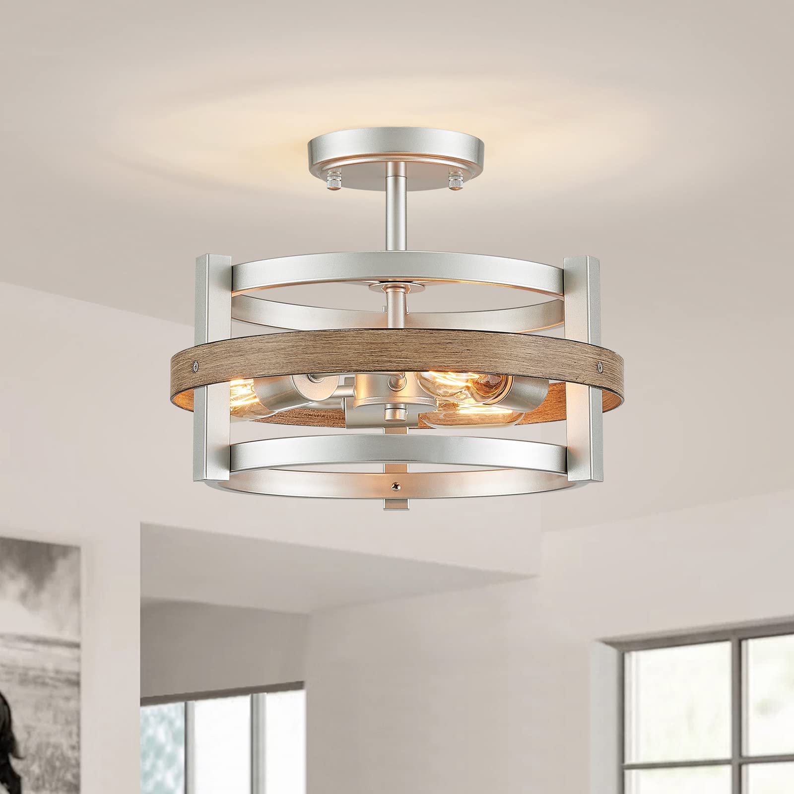 WUZUPS 3-Light Metal Drum Chandelier Imitation Wood Grain Shade Round Semi Flushmount Ceiling Lighting Rustic Farmhouse Fixture Foyer Entry Kitchen, H