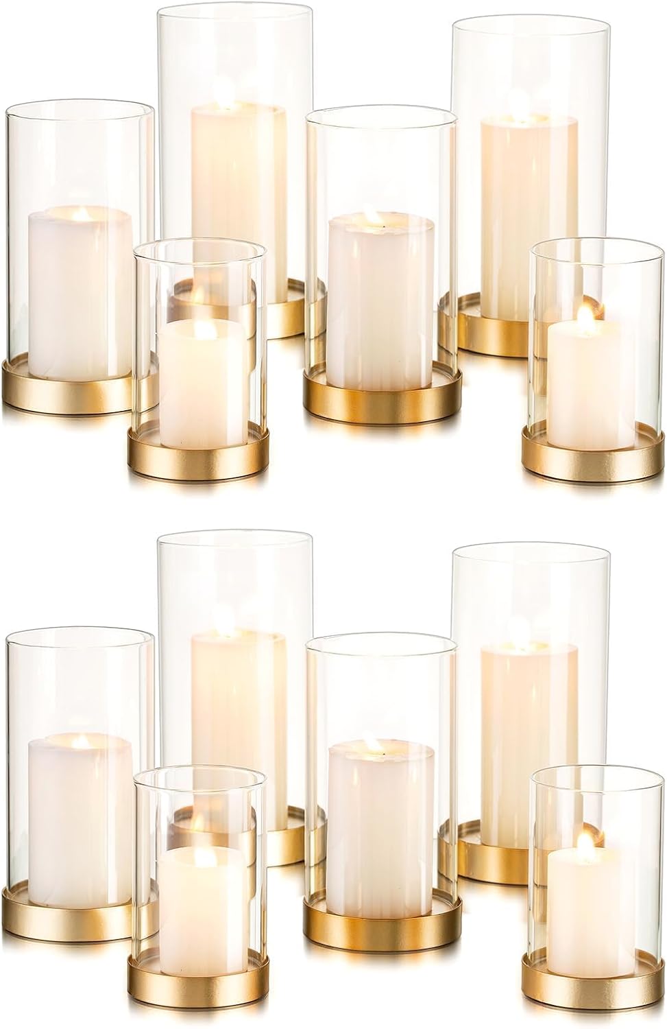 Hewory Hurricane Candle Holder for Pillar Candles: Gold Votive Candle Holders Set of 12, Glass Hurricane with Metal Candle Plate, Pillar Candle Holder for Table Centerpiece Wedding Holiday Home Decor