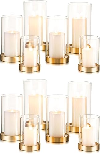 Hewory Portavelas de huracán para velas de pilar Juego de 12 portavelas votivas doradas, diseño de huracán de cristal con placa de vela de metal,
