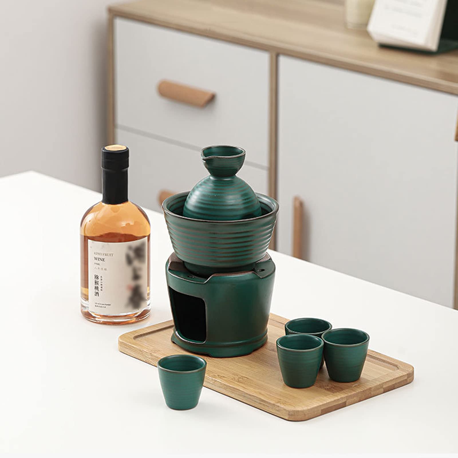 Set per sake in ceramica, set per sake e tazze con scaldavivande, kit per bevande calde per sakè in porcellana tradizionale, 8 pezzi, include 1 fornello, 1 ciotola riscaldante, 1 sakè, bottiglia, 4