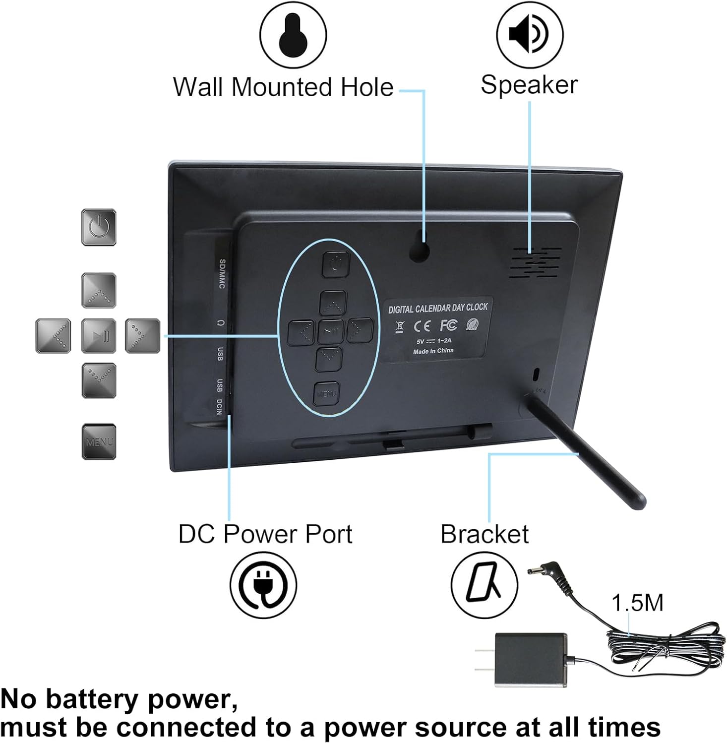 KASTISS Digital Alarm Clock with Date and Day of Week for Dementia Seniors, 15 Alarm, Auto DST, Battery Backup, Easy Setup, Black and White (Black)