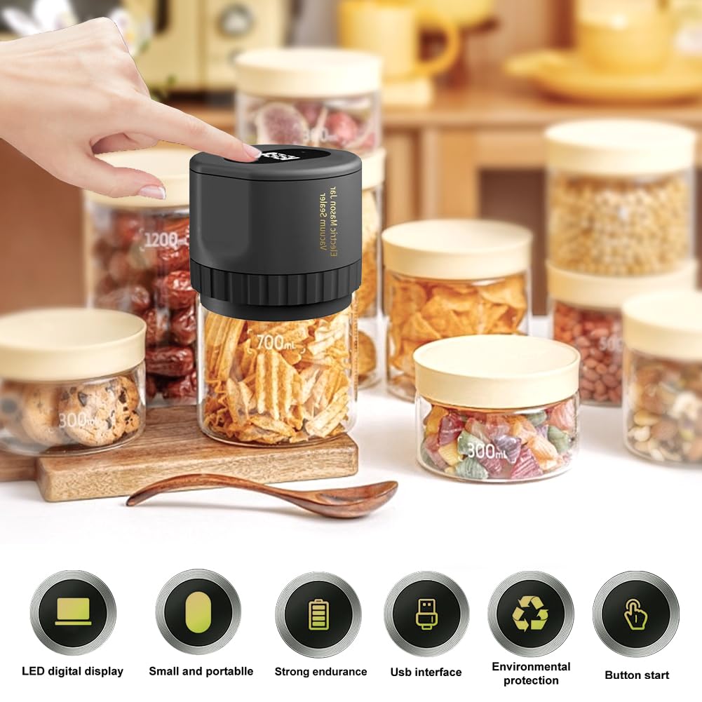 Electric Mason Jar Vacuum Sealer Kit, Vakuumversiegelungsmaschine für Lebensmittel mit LED Anzeige, Einmachglas Versiegelungs Set für die Lebensmittellagerung für Breite und Normale Öffnung (Schwarz)