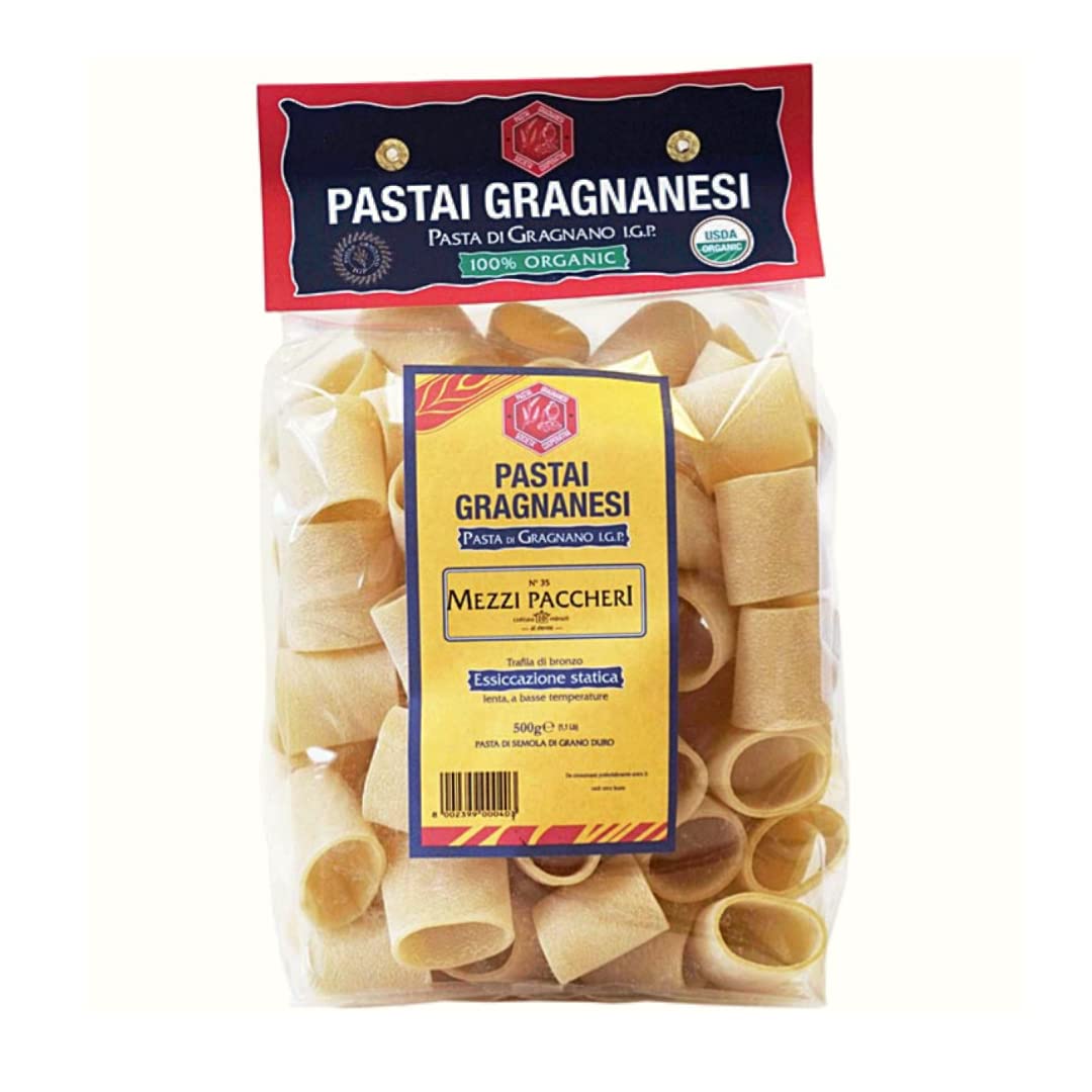 Mezzi Paccheri Organic Italian Pasta di Gragnano | I.G.P. Protected | 17.6 Ounce | 500 Gram | Pack of 4