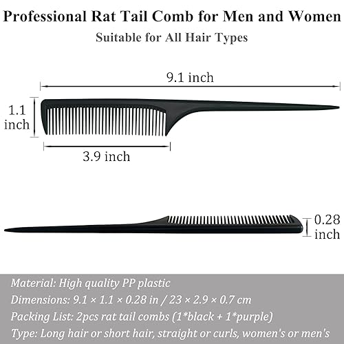Miniatura 2 de Peine de cola de rata, 2 peines con punta de separación, peineta de dientes finos, peine de dientes finos, antiestático, desenredante, para mujeres