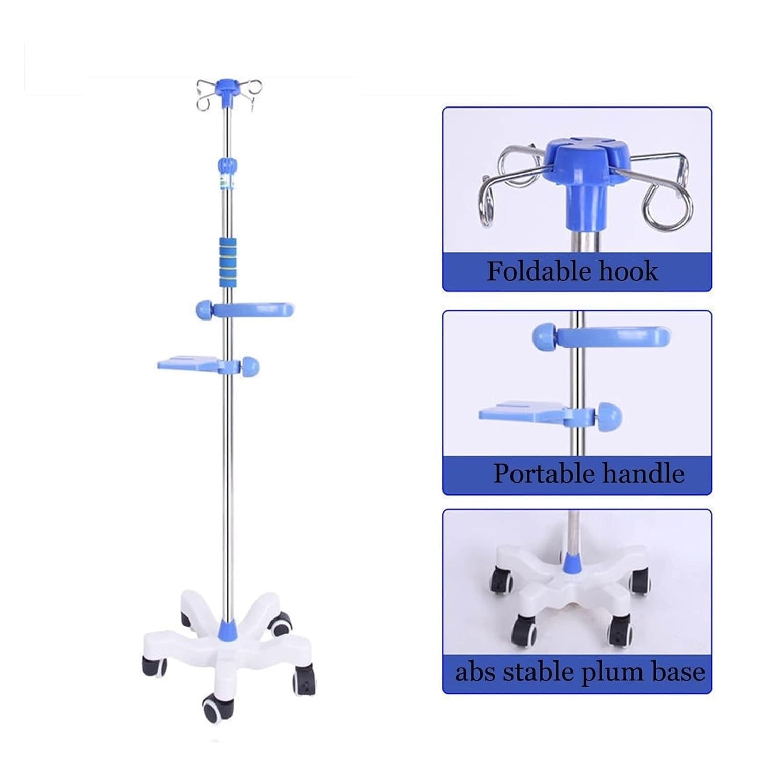Portasueros con ruedas, soporte médico portátil for intravenosos, con altura ajustable, 4 ganchos y 5 ruedas Postes IV